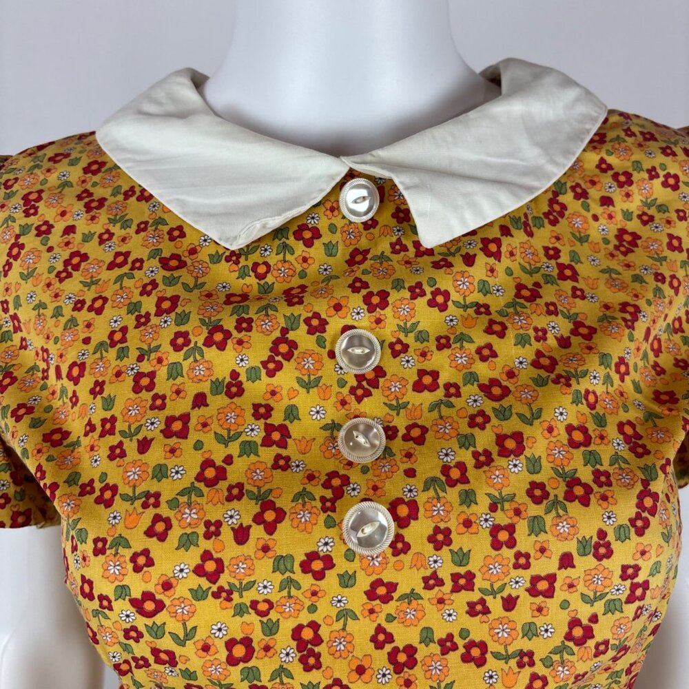 Vintage 60s Mod Mini Dress Womens Small Yellow Floral Peter Pan Collar Handmade - Picture 4 of 11